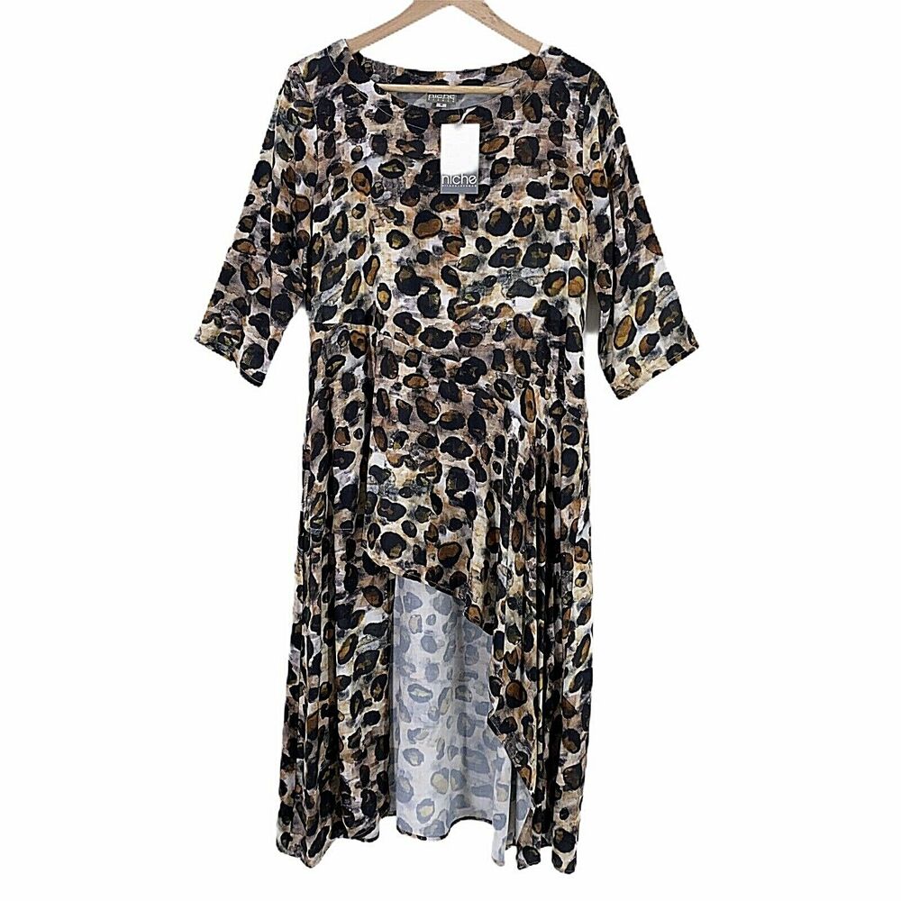Niche Nilgun Derman Leopard Safari Print Long Lagenlook Tunic Shirt Size Small